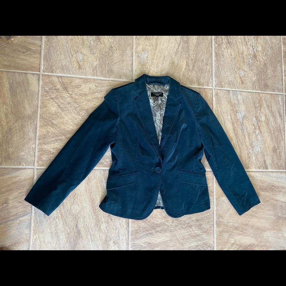 Talbots velvet teal blazer suit jacket velvet one button